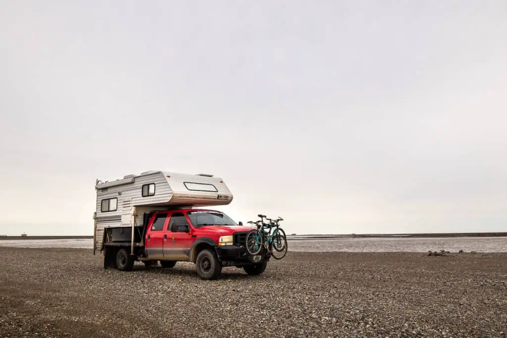 Boondocking in our truck camper at Deadhorse, Alaska