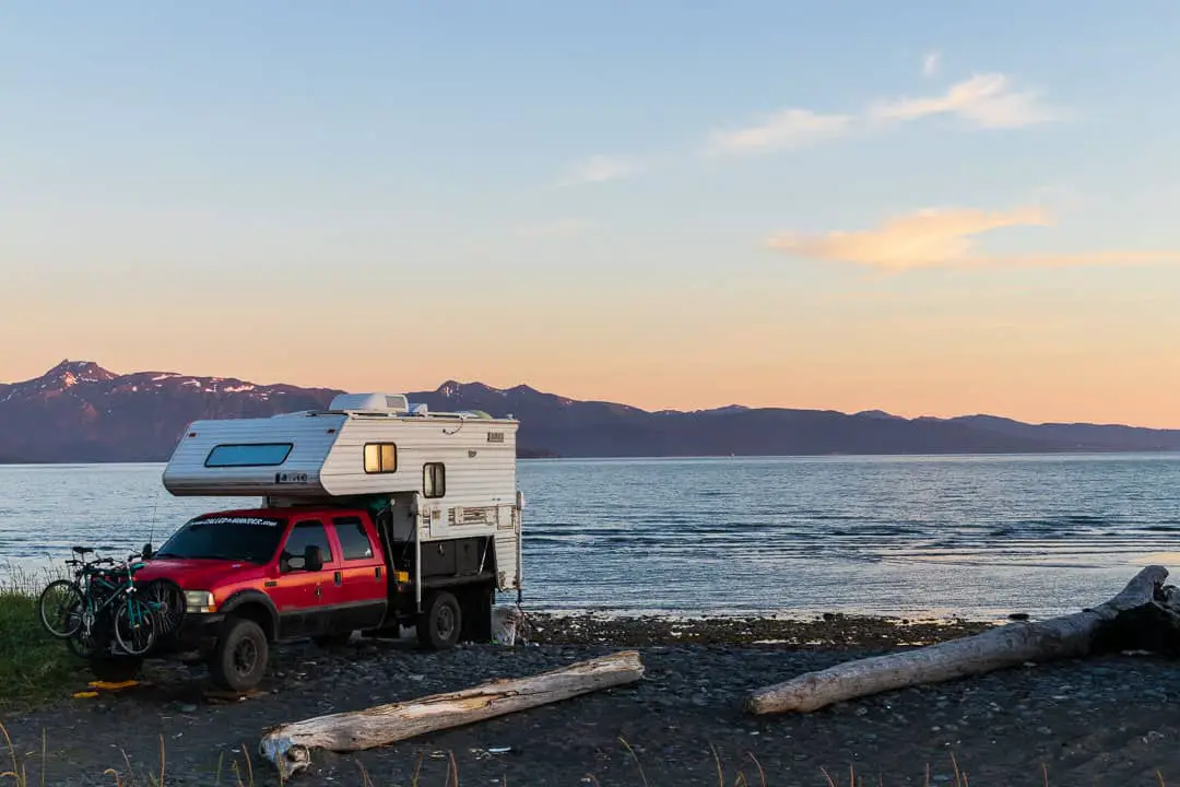 Flatbed Truck Camper on Homer Spit Beach