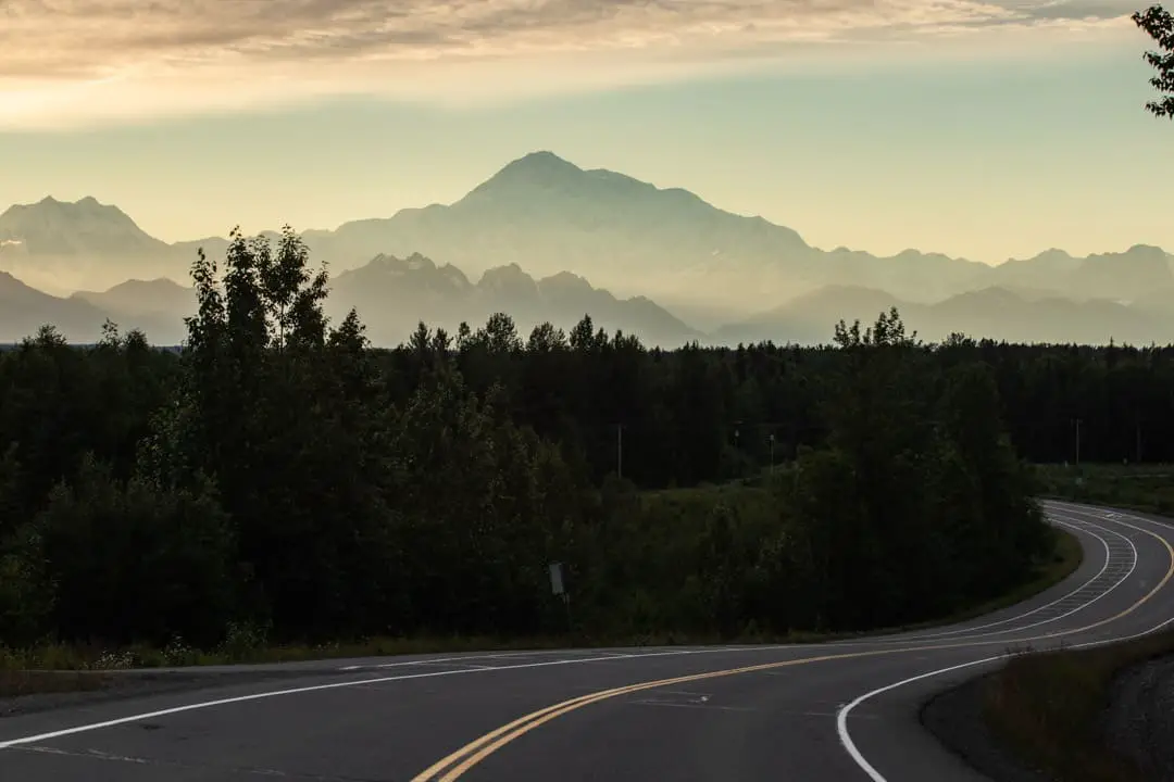 Mt. Denali at sunset with trees and curvy road in the foreground