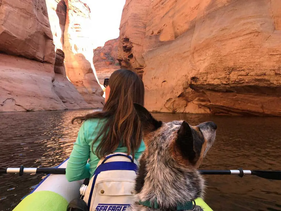 Woman and dog Kayaking to Antelope Canyon