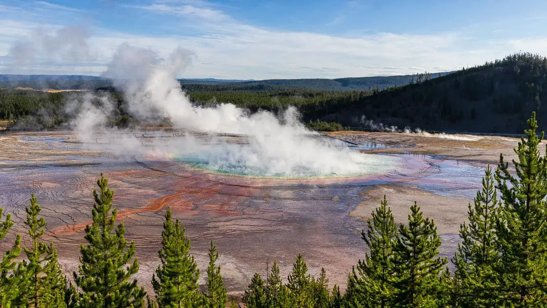 View from above of the colorful Grand Prismatic Spring in Yellowstone