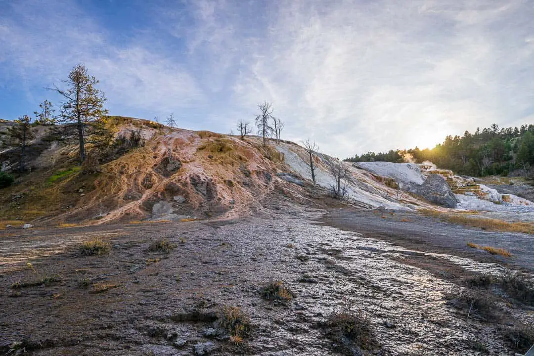 Mammoth Hot Springs at sunset in Yellowstone