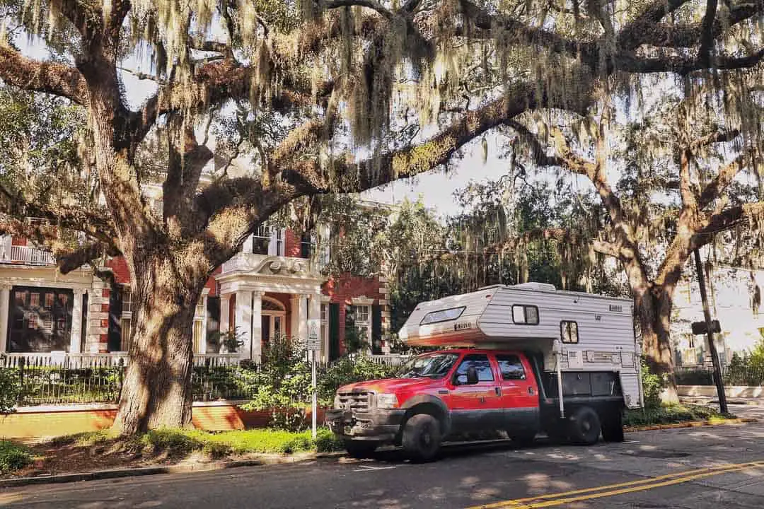 RV parked at Forsyth Park for one day in Savannah itinerary