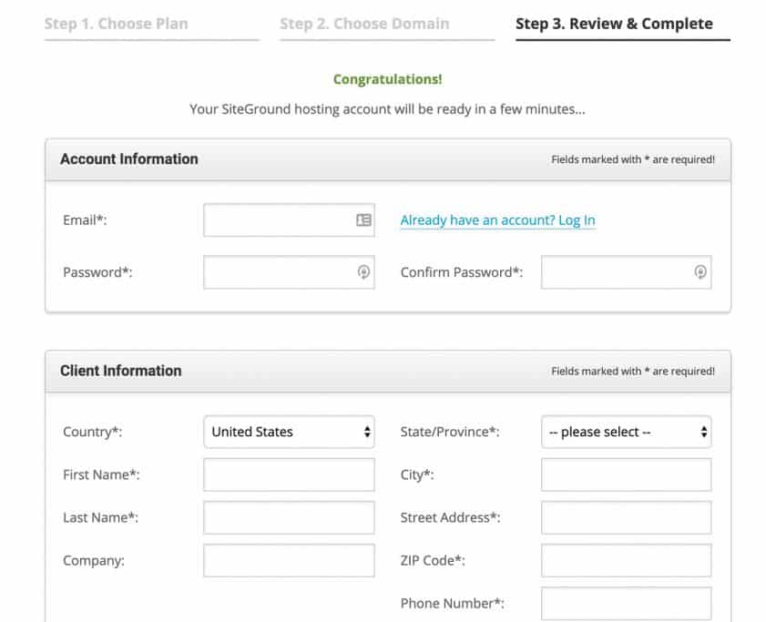 Create a SiteGround account, review and complete the purchase!