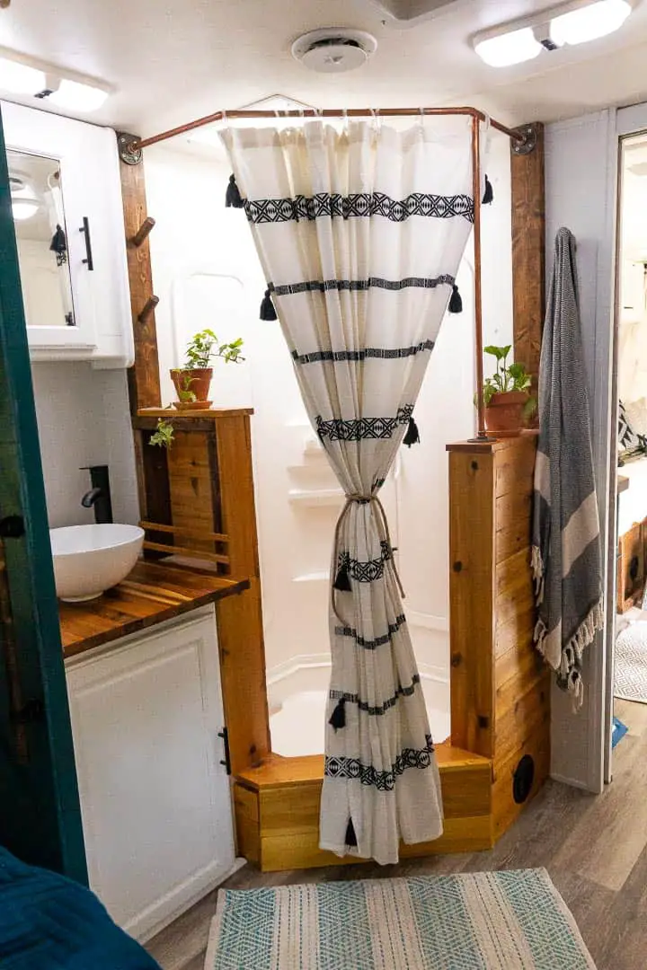 RV bathroom remodel with cedar shower