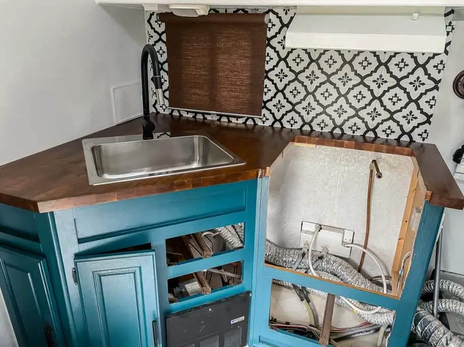 New butcher block counters installed in the RV kitchen