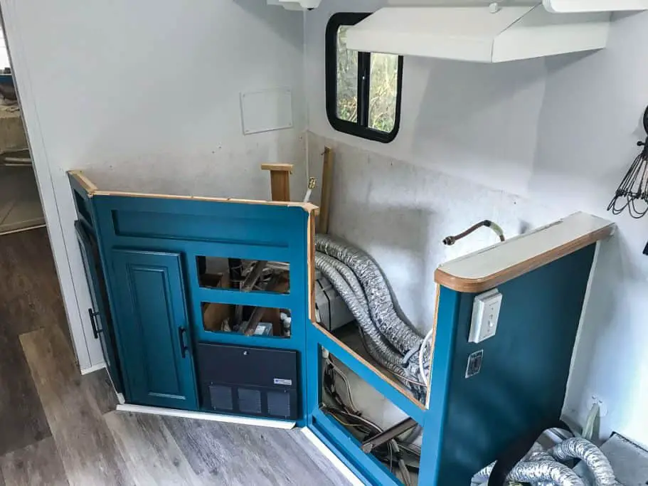 RV kitchen cabinets with the old countertop removed