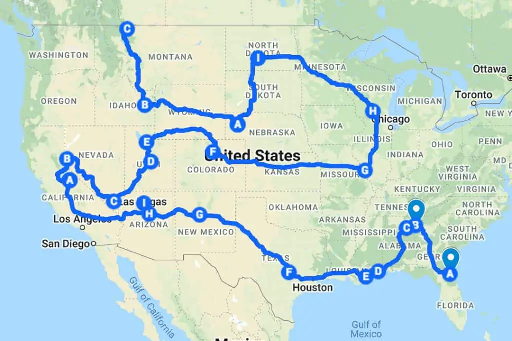 Map showing RV itinerary
